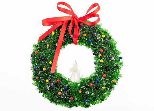 Fused glass 5" Holiday Wreath Multi-coloured Berries with Candle