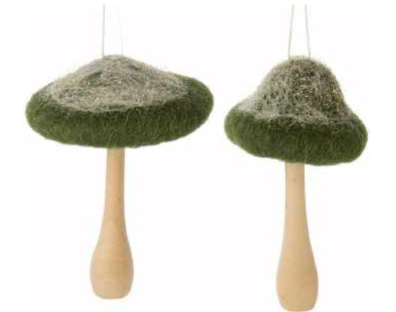 2 Dark green felt top mushroom ornaments