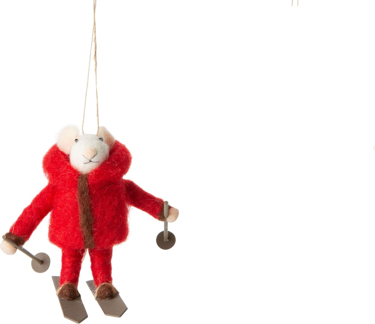 2 Felt skier mouse ornaments in puffy sweaters