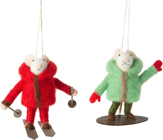 2 Felt skier/snowboarder mouse ornaments in puffy sweaters
