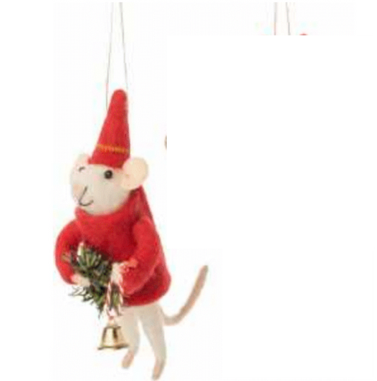 Felted mice ornaments with red felt sweater and Christmas accessories