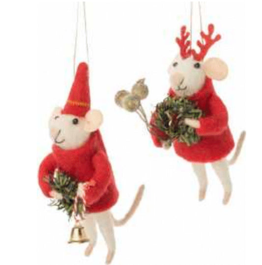 2 felted mice ornaments with red felt sweater and Christmas accessories