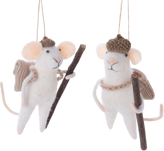 2 felted mice with walking sticks
