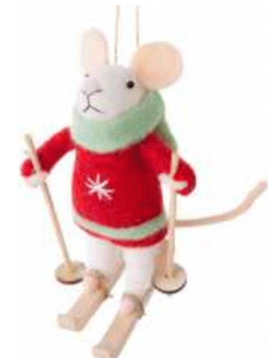 Felt mouse skier with red sweater and scarf
