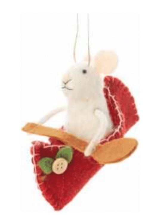 Felt Mouse in canoe with paddle ornament