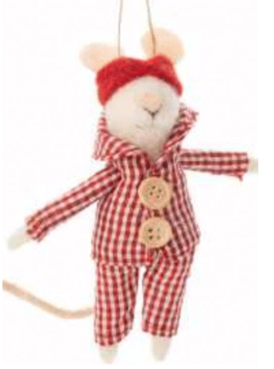 Felt mouse in red gingham jimmies with sleep mask