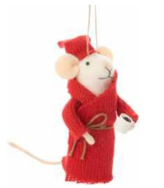 Felt mouse in red house coat and night cap with coffee