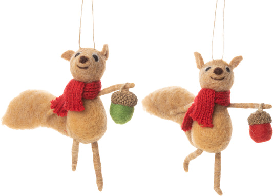 2 Felted Squirrel ornaments holding acorns