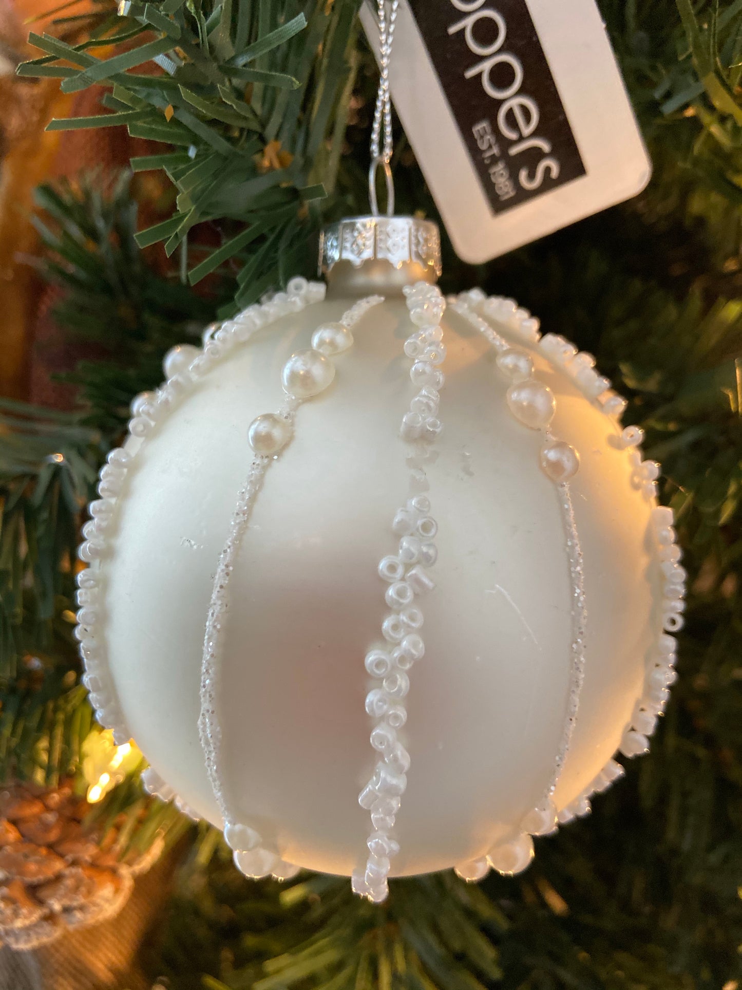 Glass ball Christmas ornament- 5” white with pearl accents